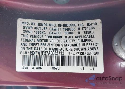 2010 Honda Civic Lx from USA, damaged, VIN 19XFA1F57AE062715